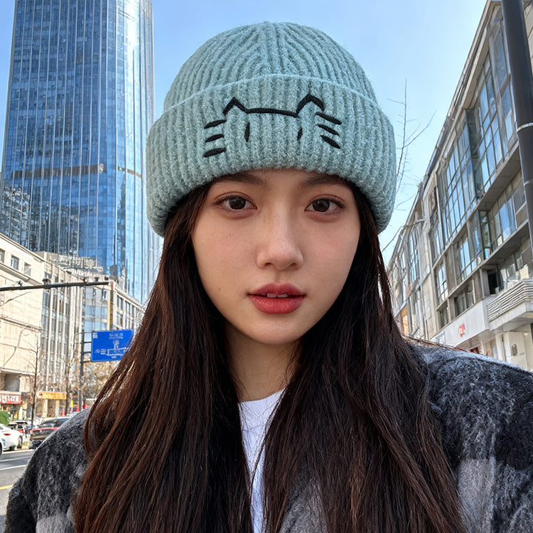 流行帽子｜可愛小貓毛線帽子女秋冬新款顯臉小保暖護耳針織帽學生套頭冷帽男「C5617」25.11-1
