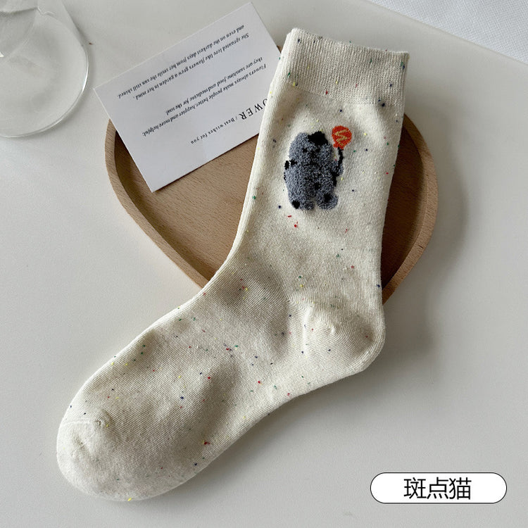 女襪｜點子紗襪子女棉質吸汗透氣彈力無骨中筒襪毛絨卡通親膚舒適堆堆襪「HC5202」25.07-5