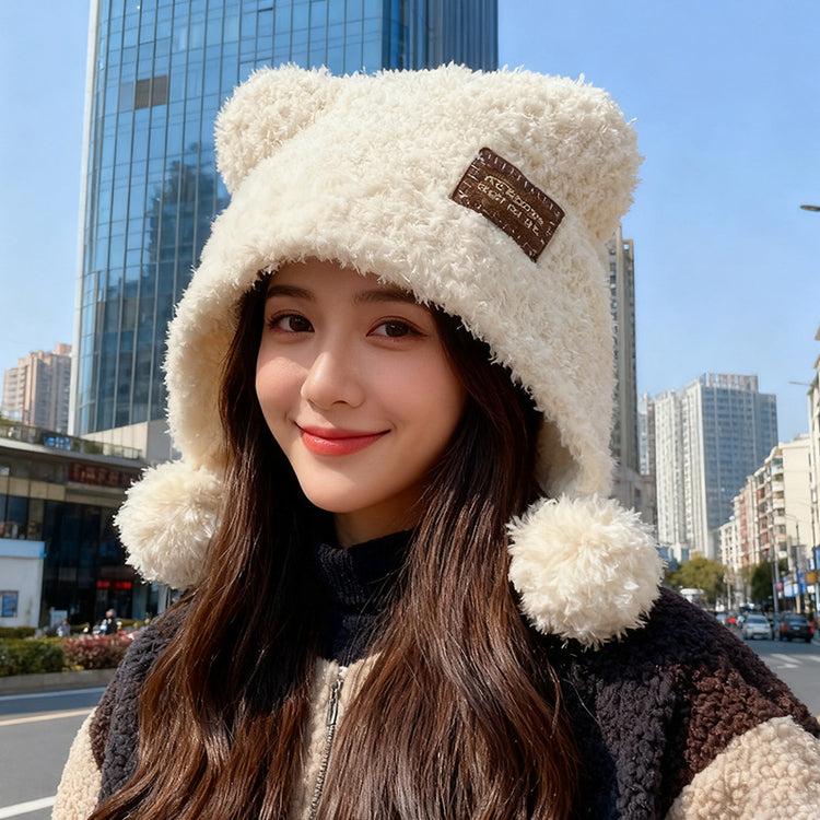 流行帽子｜可愛小熊耳朵球球毛絨帽子女秋冬保暖百搭針織帽護耳防寒「C5746」25.11-1