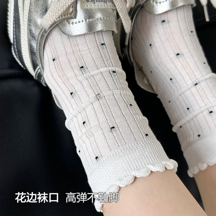 女襪｜襪子女士夏季薄款復古波點花邊堆堆襪棉質吸汗透氣彈力中筒襪「AM2505」25.07-5