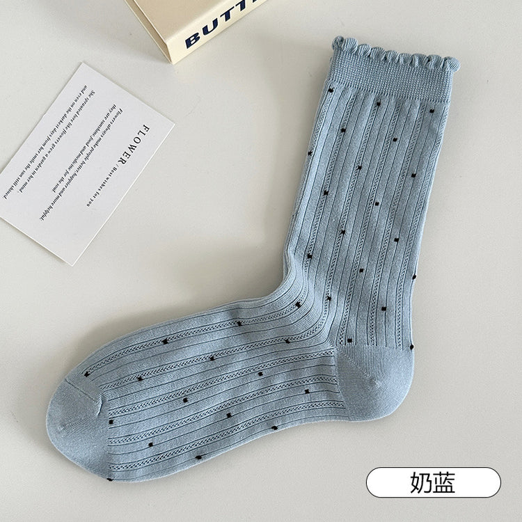 女襪｜襪子女士夏季薄款復古波點花邊堆堆襪棉質吸汗透氣彈力中筒襪「AM2505」25.07-5