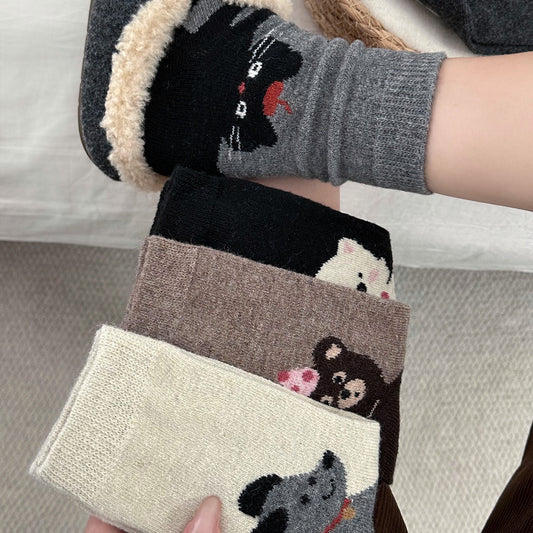 女襪｜後跟卡通圖案襪子女冬季加厚保暖羊毛襪日系學院風彈力舒適中筒襪「GO2585」25.11-4