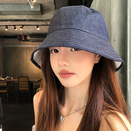 流行帽子 | 日系雙面可戴帽子女春夏顯臉小牛仔漁夫帽百搭水桶帽遮陽防曬盆帽「C5484」25.08-3