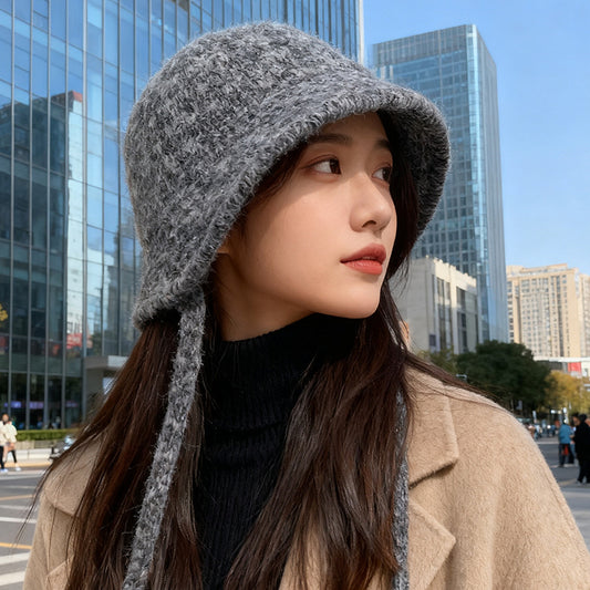 流行帽子｜韓系毛絨針織系帶漁夫帽子女秋冬顯臉小百搭盆帽大頭圍保暖水桶帽「C5743」25.10-4