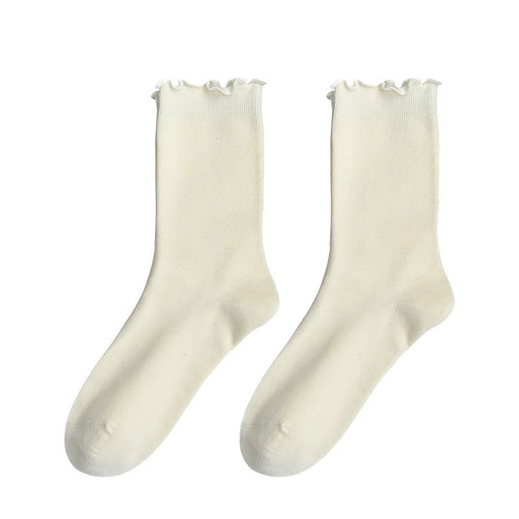 女襪｜白色堆堆襪子女美利奴羊毛木耳邊中筒襪秋冬保暖蓄熱鎖溫襪子「JX7855」25.10-4