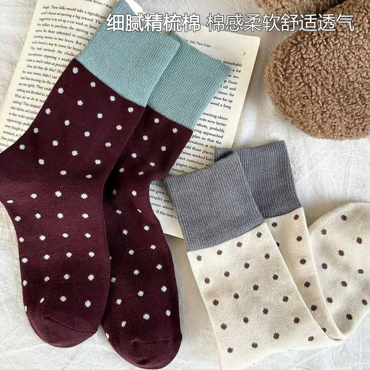 女襪｜襪子女士經典撞色波點個性復古堆堆襪秋冬季保暖學院風中筒襪「YJ23128」25.10-1