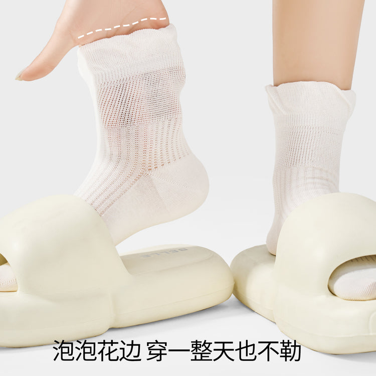 女襪｜泡泡花邊襪子女夏季薄款網眼透氣無骨中筒襪棉質吸汗透氣月子襪「W8650」25.07-3