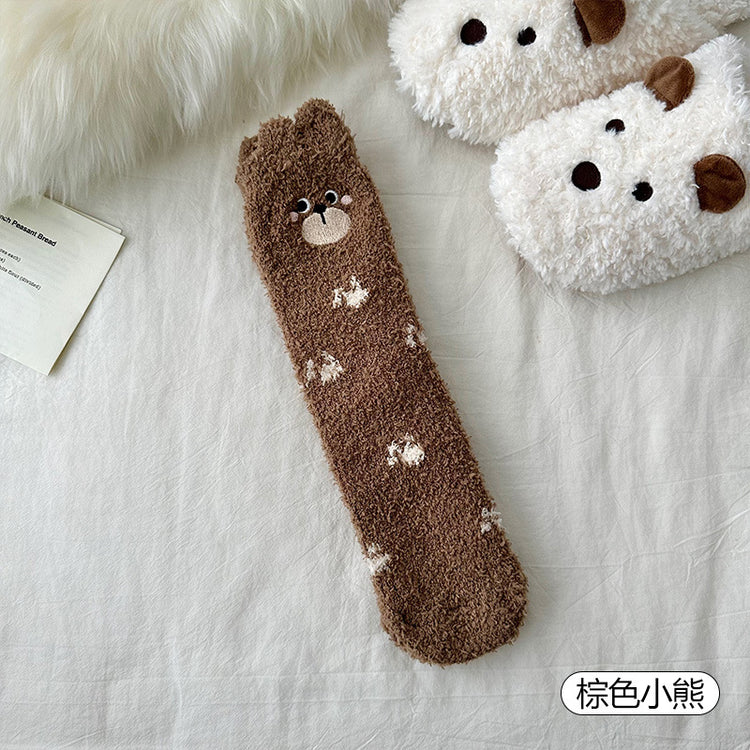 女襪｜冬季襪子女軟糯舒適居家保暖地板襪立體卡通圖案加絨加厚睡眠襪「QZ2578」25.11-2