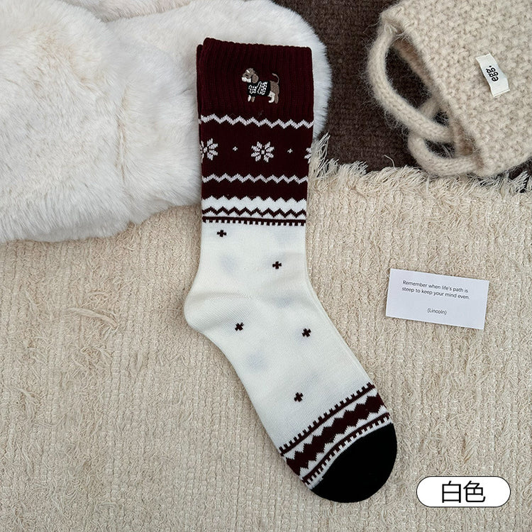 女襪｜卡通刺繡襪子女復古費爾島個性吸睛中筒襪棉質親膚舒適襪子「XC2340」25.11-1