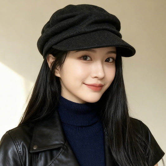 流行帽子｜日系山本風褶皺貝雷帽子女秋冬2025新款馬術帽復古鴨舌平頂報童帽「C5861」25.11-4