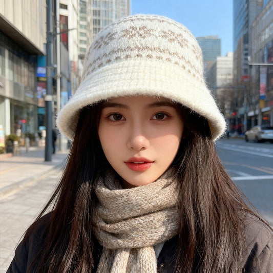 流行帽子｜秋冬日系復古漁夫帽子女雪花針織盆帽加厚保暖百搭顯臉小毛線帽潮「C5644」25.09-4