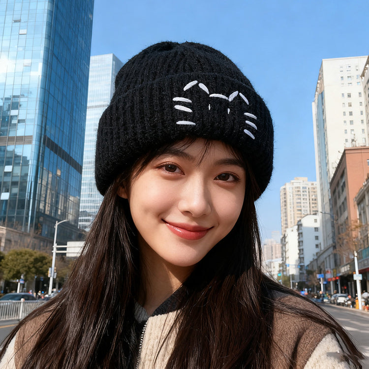 流行帽子｜可愛小貓毛線帽子女秋冬新款顯臉小保暖護耳針織帽學生套頭冷帽男「C5617」25.11-1