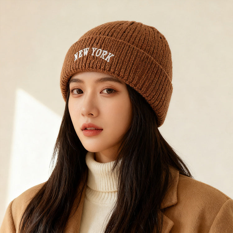 流行帽子｜美式刺繡針織帽子女秋冬韓版字母毛線帽保暖百搭套頭護耳冷帽男潮「C5832」25.11-3