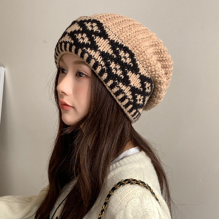 流行帽子 |復古菱格針織毛線帽子女冬韓版大頭圍保暖堆堆帽防寒顯臉小冷帽潮「C5582」25.09-2