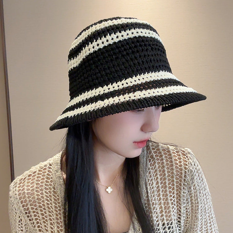 流行帽子｜夏季新款鏤空透氣帽子女編織草帽遮陽沙灘水桶帽海邊太陽帽子批發「C5038」25.05-2