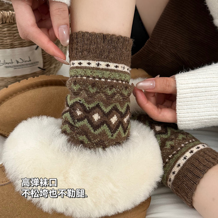 女襪｜費爾島復古羊毛襪子女秋冬季加厚保暖堆堆襪日系文藝彈力中筒襪「TM3741」25.11-3