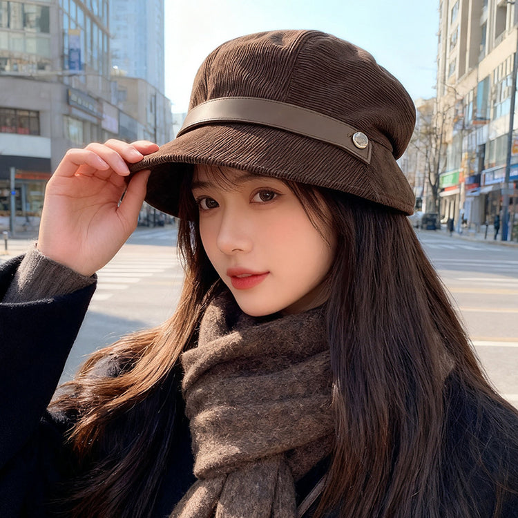 流行帽子｜秋冬燈芯絨漁夫帽子女2025新款一帽多戴禮帽休閒百搭保暖貝雷帽潮「C5636」25.09-4