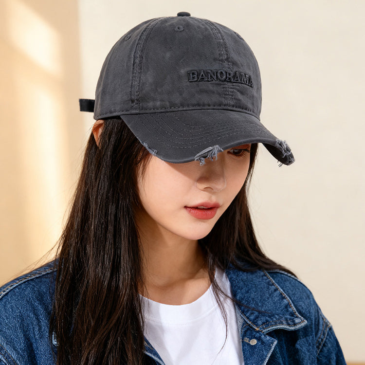 流行帽子｜美式復古字母刺繡磨邊棒球帽子女戶外遮陽大頭圍顯臉小鴨舌帽男潮「C5772」25.11-2