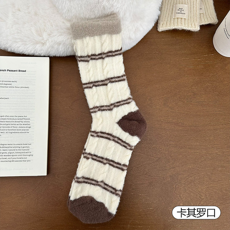女襪｜撞色條紋襪子秋冬季ins韓版加絨加厚堆堆襪蓄熱鎖溫毛絨中筒襪「H5767」25.11-2