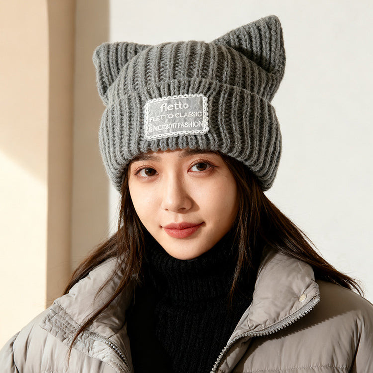 流行帽子｜新款蕾絲貼布貓耳針織帽子女秋冬保暖毛線帽時尚百搭顯臉小包頭帽「C5801」25.11-2
