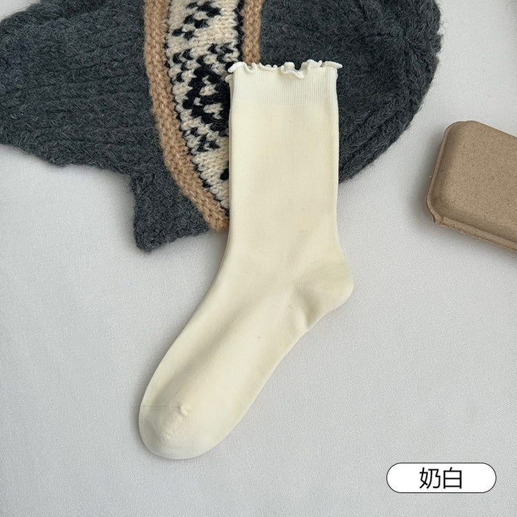 女襪｜白色堆堆襪子女美利奴羊毛木耳邊中筒襪秋冬保暖蓄熱鎖溫襪子「JX7855」25.10-4
