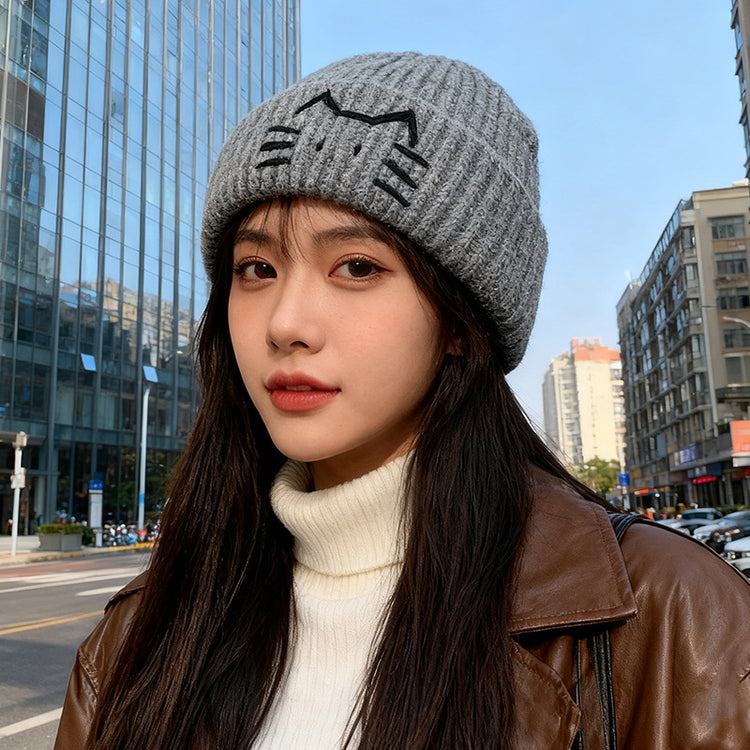 流行帽子｜可愛小貓毛線帽子女秋冬新款顯臉小保暖護耳針織帽學生套頭冷帽男「C5617」25.11-1