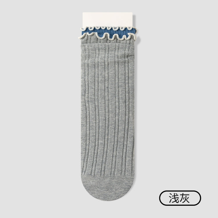 女襪｜雙木耳邊撞色襪子女棉質吸汗透氣彈力堆堆襪耐磨抗起球諸暨襪子「NY2576」25.07-2