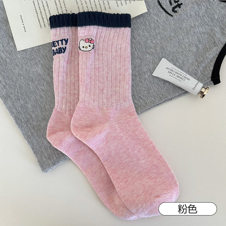 女襪｜卡通後跟AB刺繡襪子女ins潮學院風撞色中筒襪棉質吸汗透氣運動襪「XHS25107」25.09-4