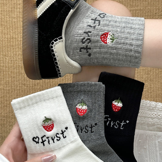 女襪｜襪子女士ins潮流刺繡水果短襪棉質吸汗透氣學院風無骨運動襪「XC2325」25.08-2