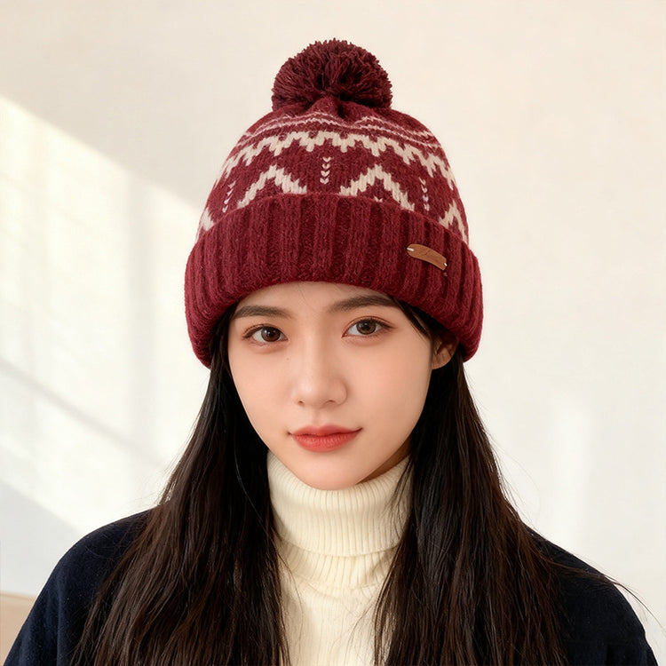 流行帽子｜費爾島風針織帽子女秋冬保暖護耳毛線帽百搭大頭圍顯臉小套頭冷帽「C5828」25.11-3