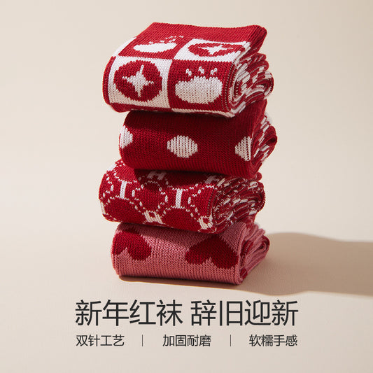 女襪｜新年開春紅襪子秋冬棉質軟糯親膚新年襪加固耐磨彈力舒適中筒襪「24W0067」24.12-5