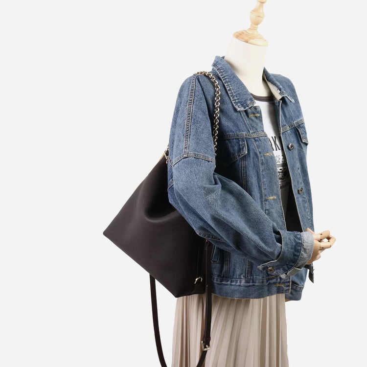 質感真皮｜2025新款潮流時尚百搭休閒頭層軟牛皮鏈條荔枝紋單肩包斜挎通勤托特包「6667」25.12-2