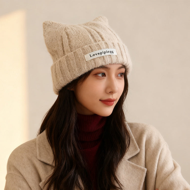 流行帽子｜貓耳朵帽子女秋冬韓系大頭圍可愛保暖針織帽護耳顯臉小毛線冷帽潮「C5838」25.11-3