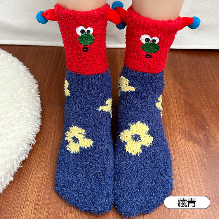 女襪｜珊瑚絨襪子女秋冬季搞怪卡通可愛中筒襪加絨加厚蓄熱保暖睡眠襪「D25865」25.11-4