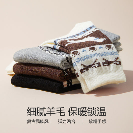 女襪｜復古費爾島襪子女彈力軟糯親膚舒適中筒襪加厚保暖居家抗寒羊絨襪「DJ2009」24.12-3