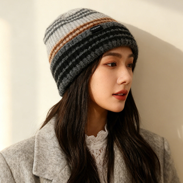 流行帽子｜韓版ins條紋拼色帽子女秋冬保暖針織毛線帽男顯臉小戶外堆堆冷帽「C5865」25.11-4