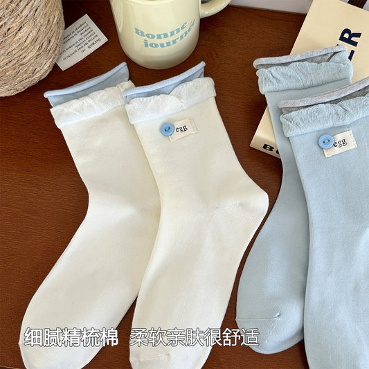 女襪｜拼色雙羅口襪子女棉質吸汗透氣彈力中筒襪柔軟親膚舒適襪子「DJ3020」25.07-5