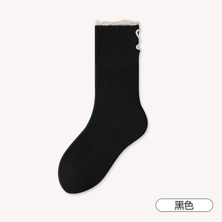 女襪｜雙針撞色翻邊襪子女棉質吸汗透氣彈力堆堆襪親膚舒適抗起球中筒襪「AC8842」25.09-2
