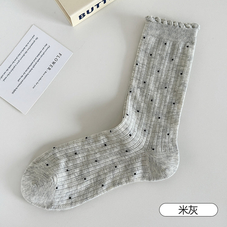 女襪｜襪子女士夏季薄款復古波點花邊堆堆襪棉質吸汗透氣彈力中筒襪「AM2505」25.07-5