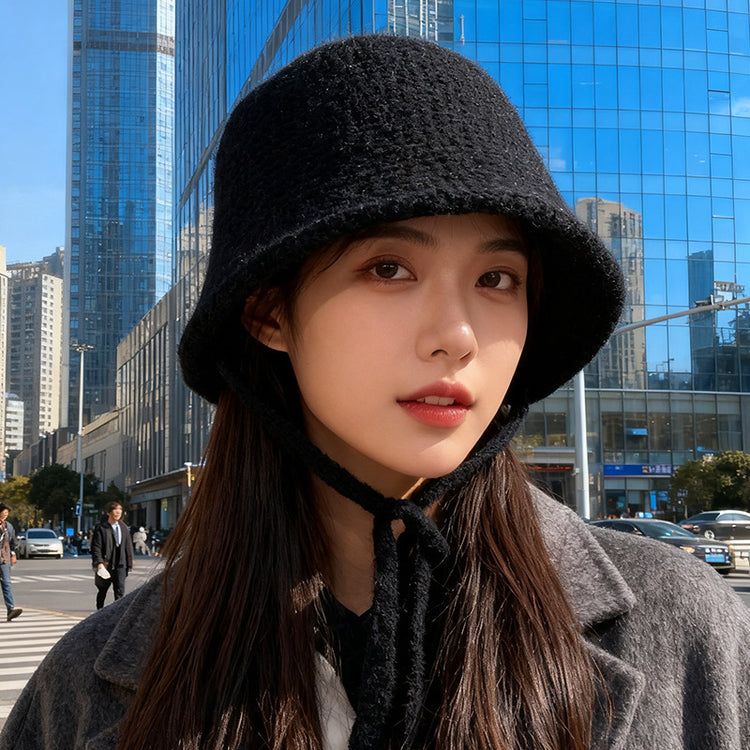 流行帽子｜韓系毛絨針織系帶漁夫帽子女秋冬顯臉小百搭盆帽大頭圍保暖水桶帽「C5743」25.10-4