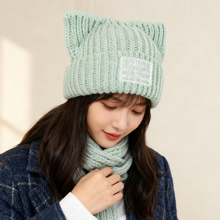 流行帽子｜新款蕾絲貼布貓耳針織帽子女秋冬保暖毛線帽時尚百搭顯臉小包頭帽「C5801」25.11-2