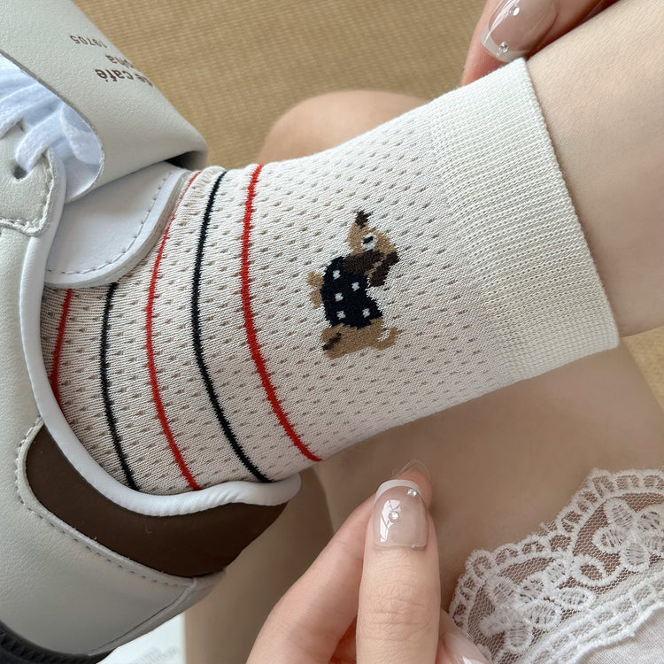 女襪｜卡通圖案襪子女夏季薄款網眼透氣中筒襪吸濕排汗通勤簡約堆堆襪「MK5072」25.05-3