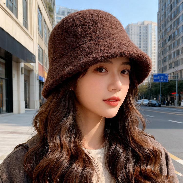流行帽子｜秋冬新款帽子女純色簡約漁夫帽戶外百搭顯臉小羊毛盆帽保暖水桶帽「C5894」25.12-2