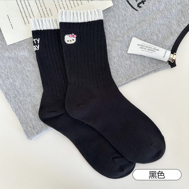 女襪｜卡通後跟AB刺繡襪子女ins潮學院風撞色中筒襪棉質吸汗透氣運動襪「XHS25107」25.09-4