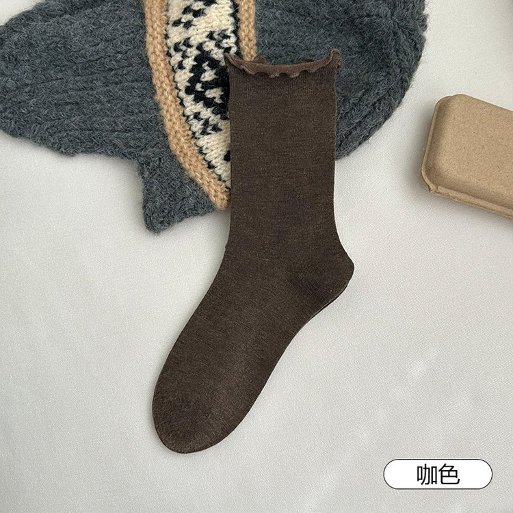 女襪｜白色堆堆襪子女美利奴羊毛木耳邊中筒襪秋冬保暖蓄熱鎖溫襪子「JX7855」25.10-4