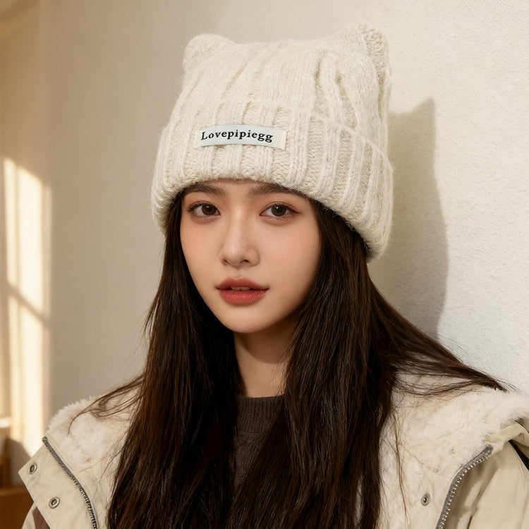 流行帽子｜貓耳朵帽子女秋冬韓系大頭圍可愛保暖針織帽護耳顯臉小毛線冷帽潮「C5838」25.11-3
