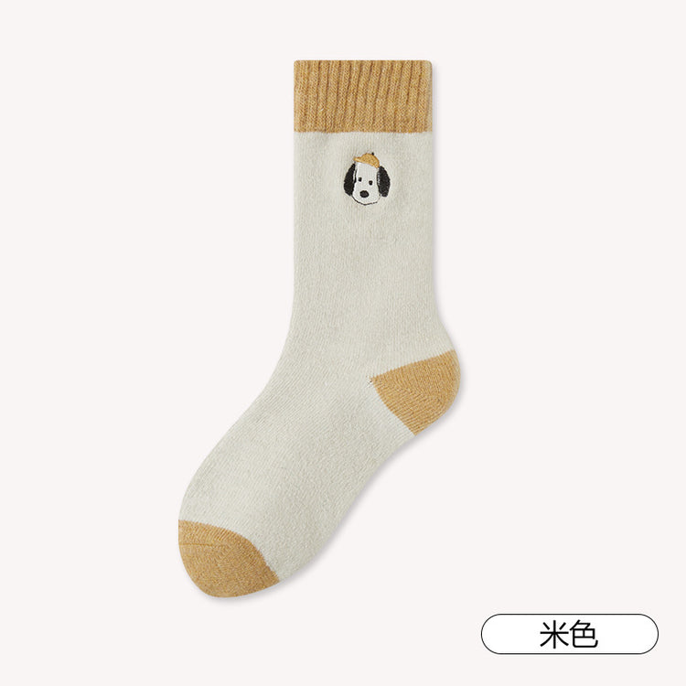 女襪｜美利奴羊毛襪子女ins潮拼色卡通刺繡中筒襪秋冬季加厚保暖堆堆襪「GO2570」25.12-2