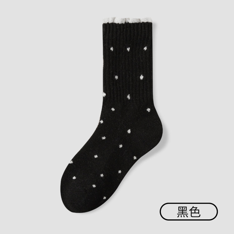 女襪｜復古波點襪子女冬季加絨加厚保暖美利奴羊毛襪親膚舒適彈力中筒襪「GO2576」25.11-1