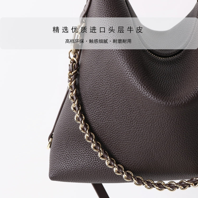 質感真皮｜2025新款潮流時尚百搭休閒頭層軟牛皮鏈條荔枝紋單肩包斜挎通勤托特包「6667」25.12-2