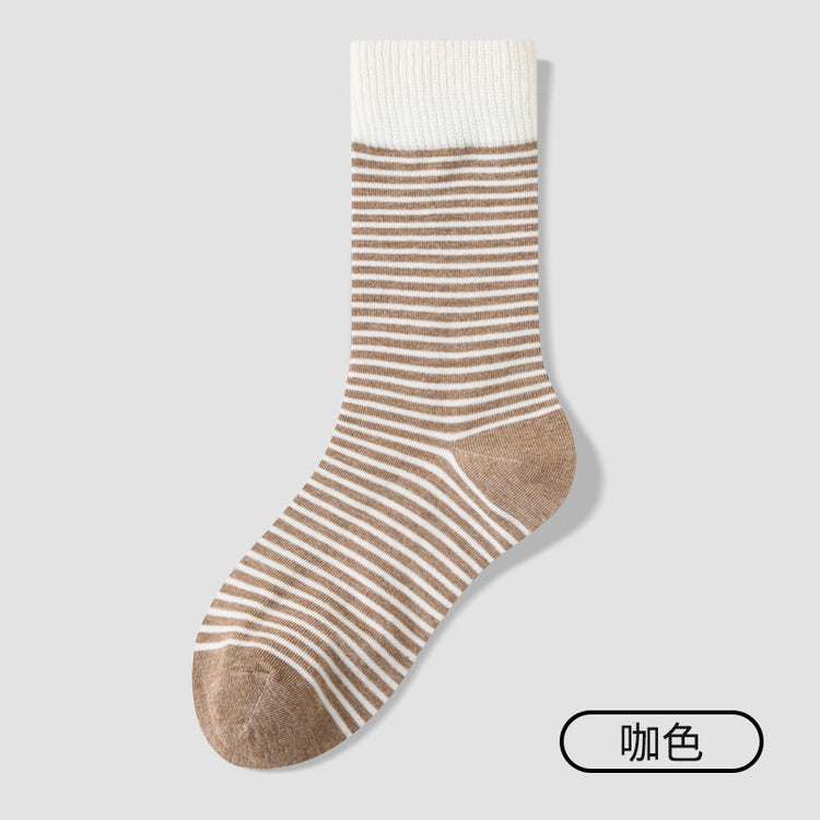 女襪｜美利奴羊毛襪子女冬季加厚保暖條紋中筒襪彈力無骨親膚舒適堆堆襪「TY139」25.10-4